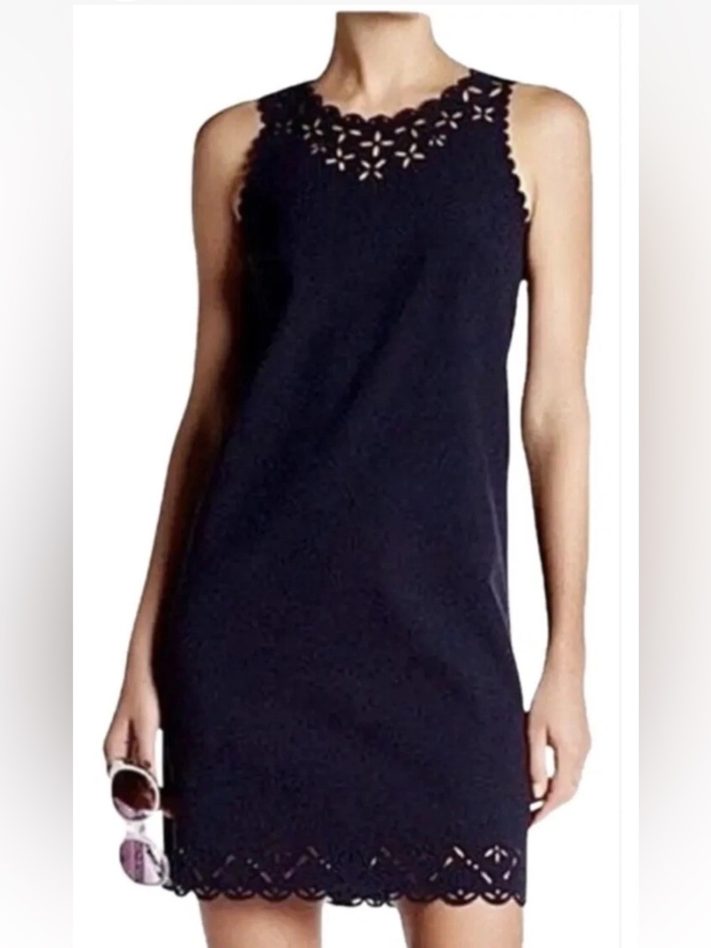 J crew navy laser cut scalloped sleeveless mini shift dress sZ 4 preppy coastal